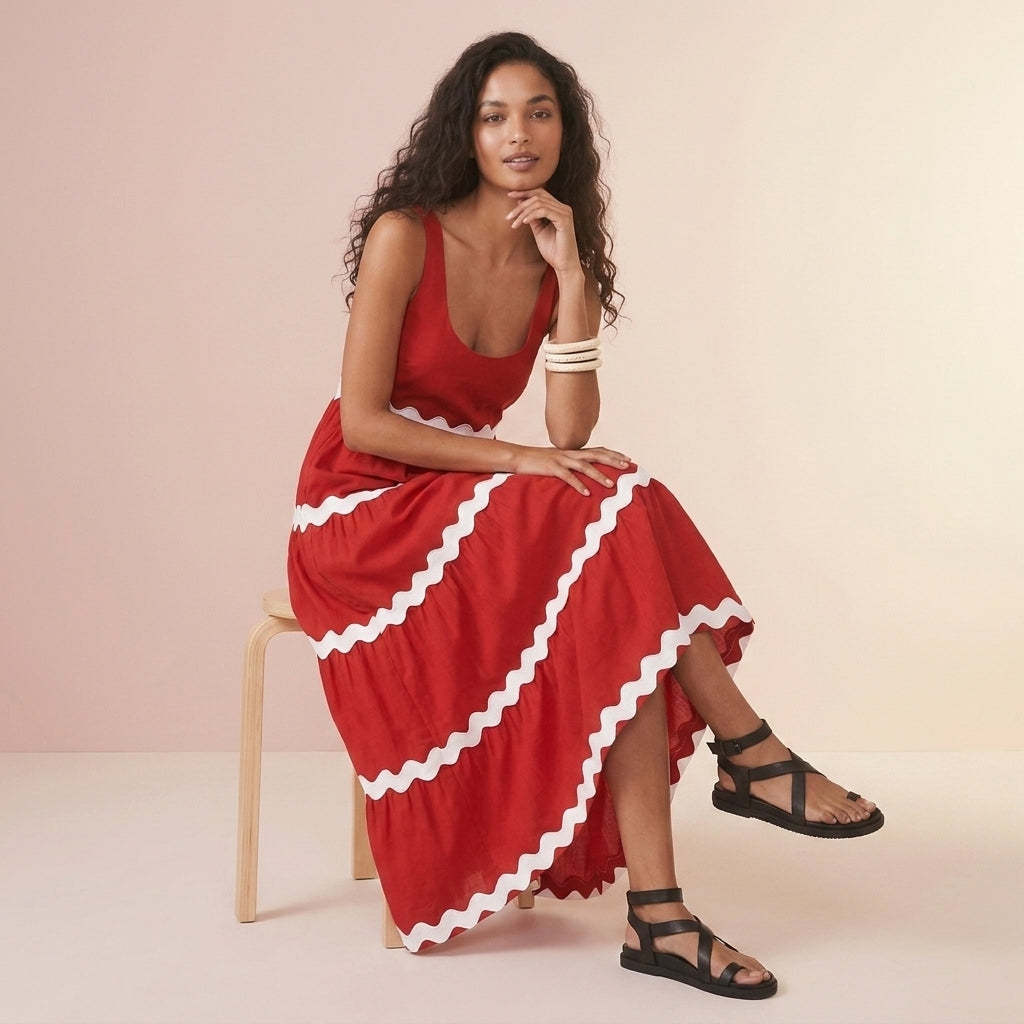 U-Neck Wavy Print Sleeveless Dress